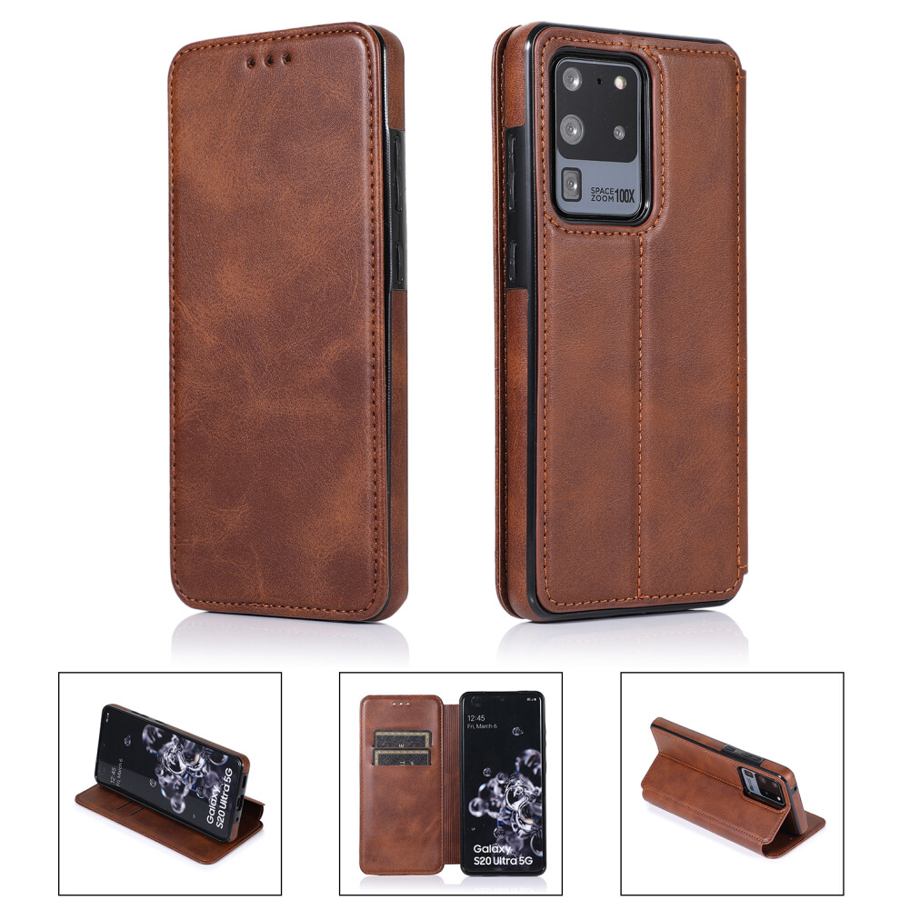 (Samsung S20 Ultra, ) Samsung Galaxy S10/ S20/ S21/ S22/ S23 Ultra Plus Case Leather Wallet Flip Phone Case Brown 854478294177