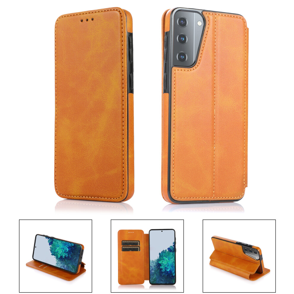 (Samsung S21, Khaki) Samsung Galaxy S10/ S20/ S21/ S22/ S23 Ultra Plus Case Leather Wallet Flip Phone Case 854478294146