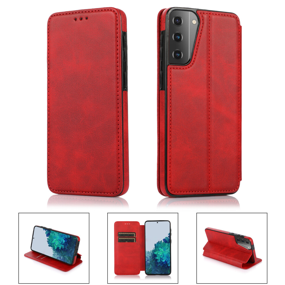 (Samsung S21 Plus, ) Samsung Galaxy S10/ S20/ S21/ S22/ S23 Ultra Plus Case Leather Wallet Flip Phone Case Red 854478294092