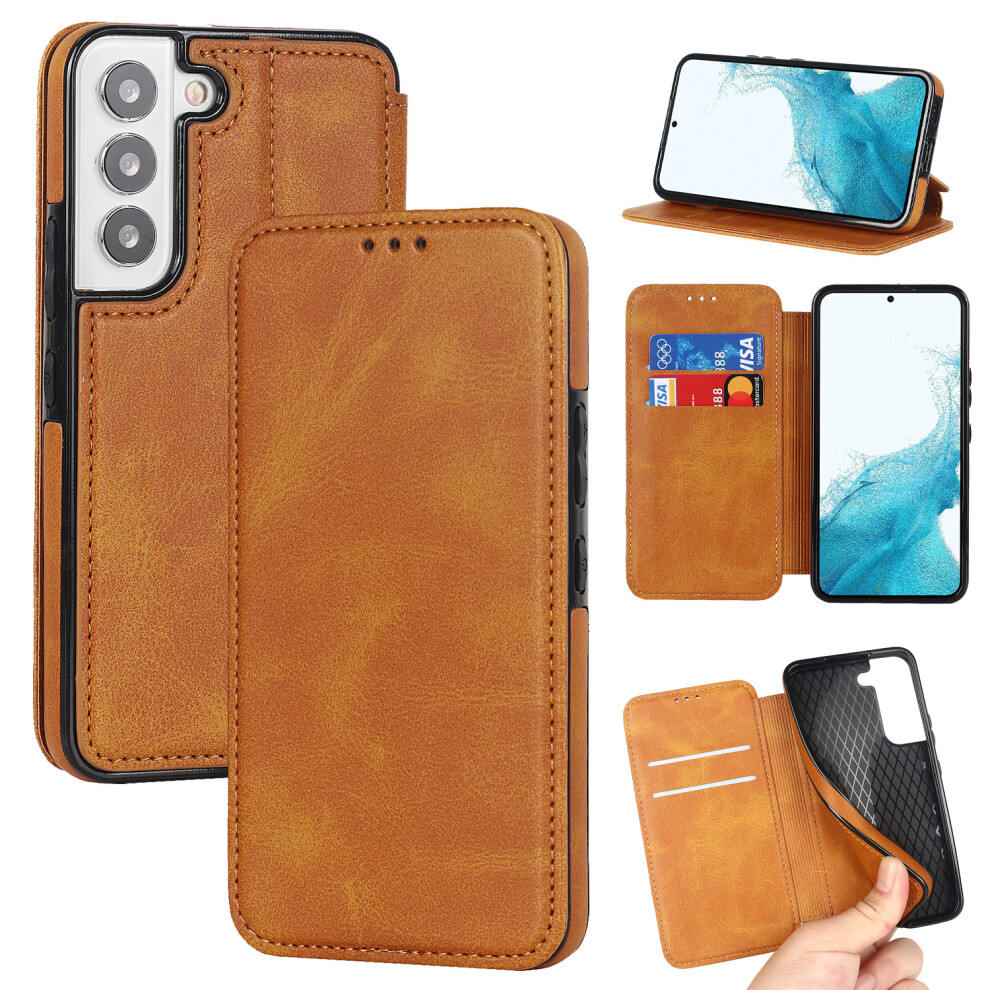 (Samsung S22 Plus, Khaki) Samsung Galaxy S10/ S20/ S21/ S22/ S23 Ultra Plus Case Leather Wallet Flip Phone Case