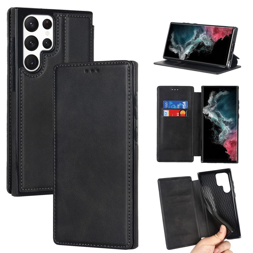 (Samsung S22 Ultra, Black) Samsung Galaxy S10/ S20/ S21/ S22/ S23 Ultra Plus Case Leather Wallet Flip Phone Case