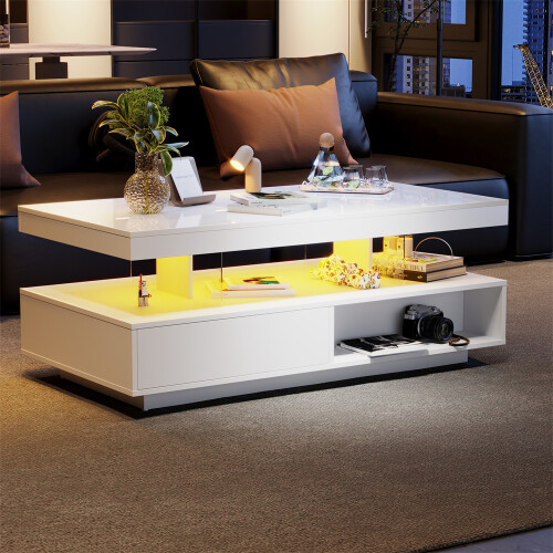 Coffee Table with 2 Drawer Storage, with 16-Color Led Lights, White