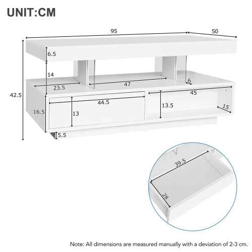 Coffee Table with 2 Drawer Storage, with 16-Color Led Lights, White 1