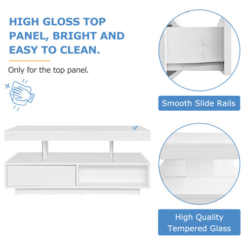 Coffee Table with 2 Drawer Storage, with 16-Color Led Lights, White 2