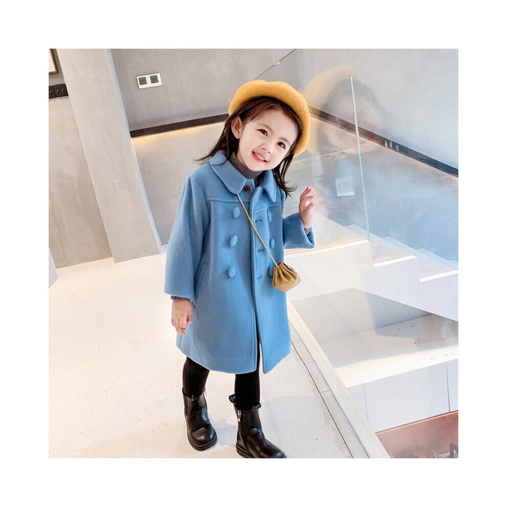 (Blue, 6T) Double Breasted Girls Woolen Coats Autumn Winter Trench Jacket Coat 2-6Yrs Children Clothes