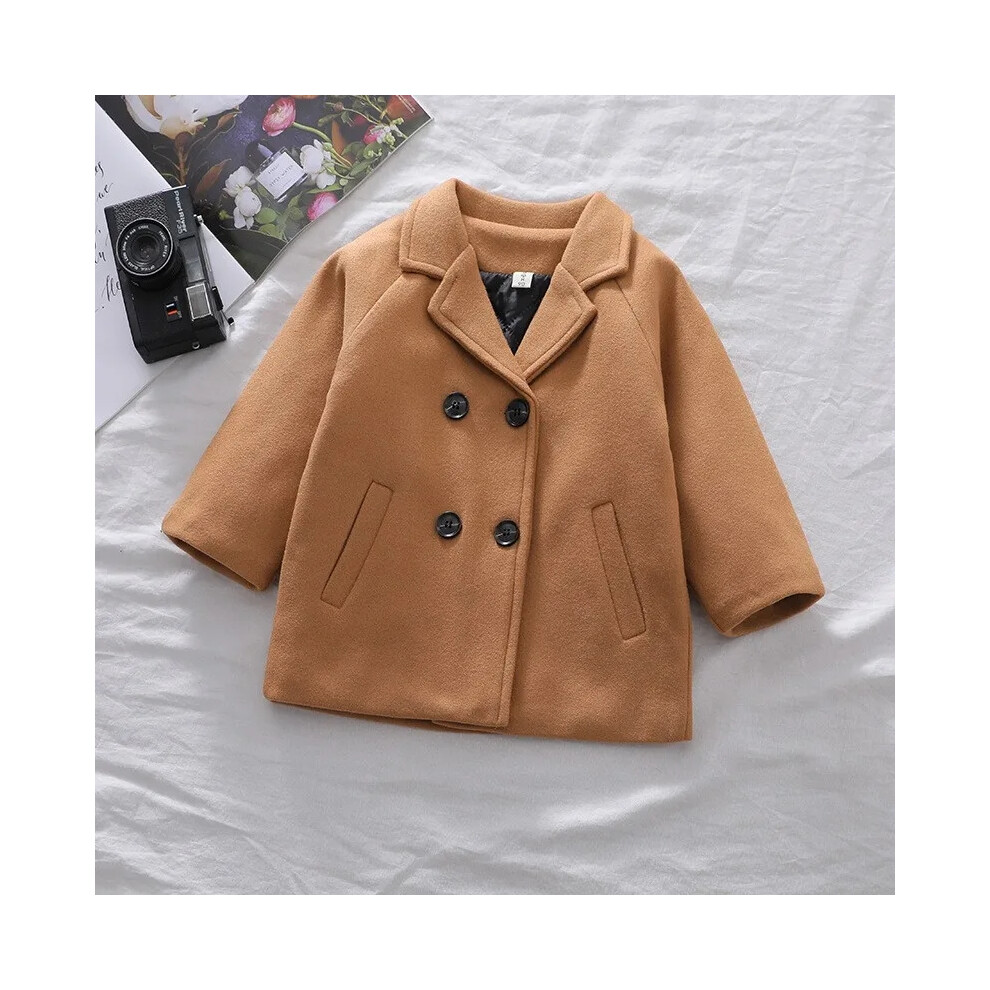 (Brown, 3T) Spring Boys Jackets Child Girl Woolen Double-breasted Baby Trench Coat Lapel Autumn Kids Outerwear