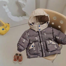 (Coffee, 4-5T 120) Winter Childrens Duck Down Jacket Kid Boys Thickened New Cartoon Patchwork Hooded