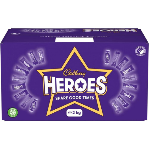 Cadbury Cadbury Heroes Chocolate Lage Bulk Sharing Box, Assorted Mini-Size Milk Chocolate Bars, 2 kg