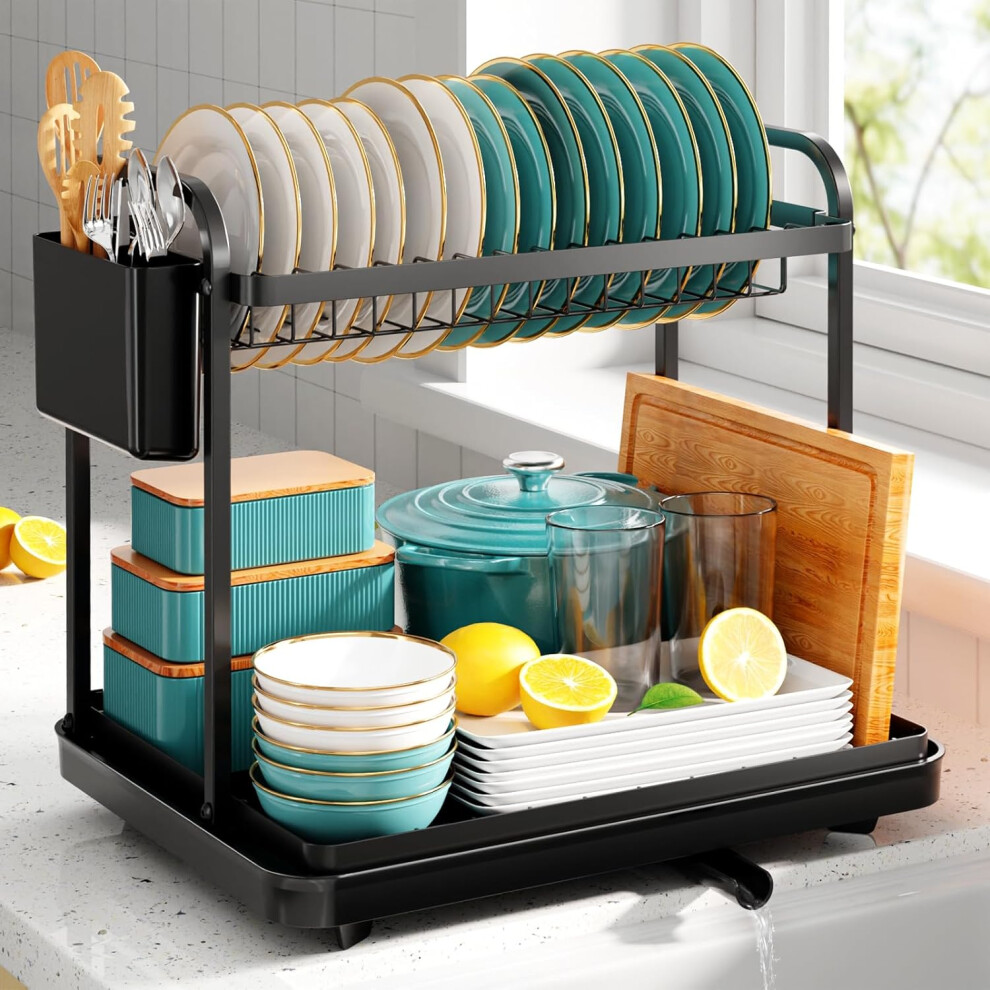 Kitsure 2 Tier Dish Drainer, Multifunctional Dish Drainer Rack, Rustproof Kitchen Dish Drying Rack With Drainboard & Utensil Holder