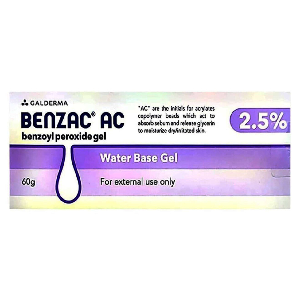 GALDERMA Benzac AC 2.5% Benzoyl Peroxide Gel 60g | Acne Treatment Cream | Unplugs Blocked Pores | Remove Blackheads & Whiteheads