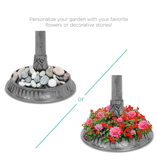 Grey Pedestal Bird Bath Feeder Planter With Solar Light Garden Table 1