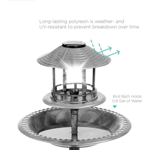 Grey Pedestal Bird Bath Feeder Planter With Solar Light Garden Table 2