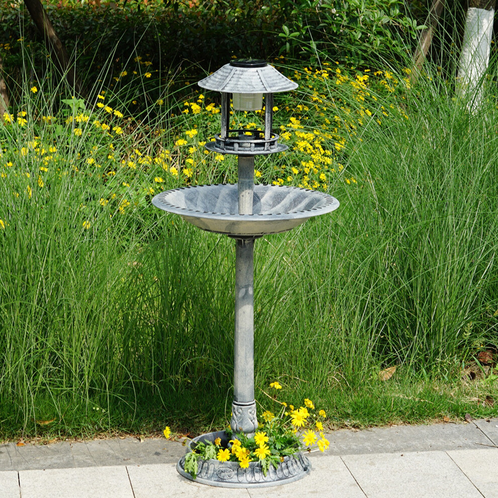 Grey Pedestal Bird Bath Feeder Planter With Solar Light Garden Table