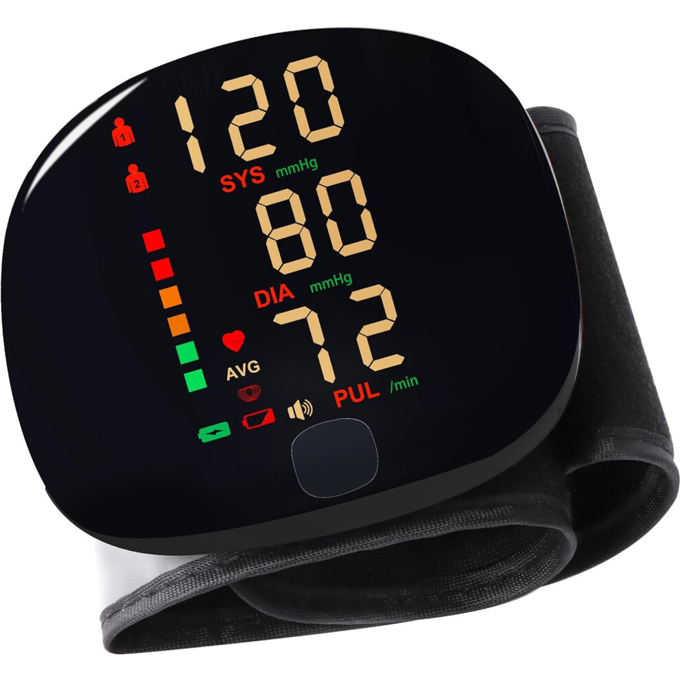 Nuonove Black Rechargeable Wrist Blood Pressure Monitor With Voice Broadcast, Dual User Bp Monitor With Usb-C Charging Cable & 2X99 Memories (Black)
