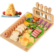 Bamboo Cheese Board and Knife Set - 14 x 11 Large Charcuterie Boards Set, Cheese Tray Platter Servers with Clasp Knife Holder, Gift for Anniversary,
