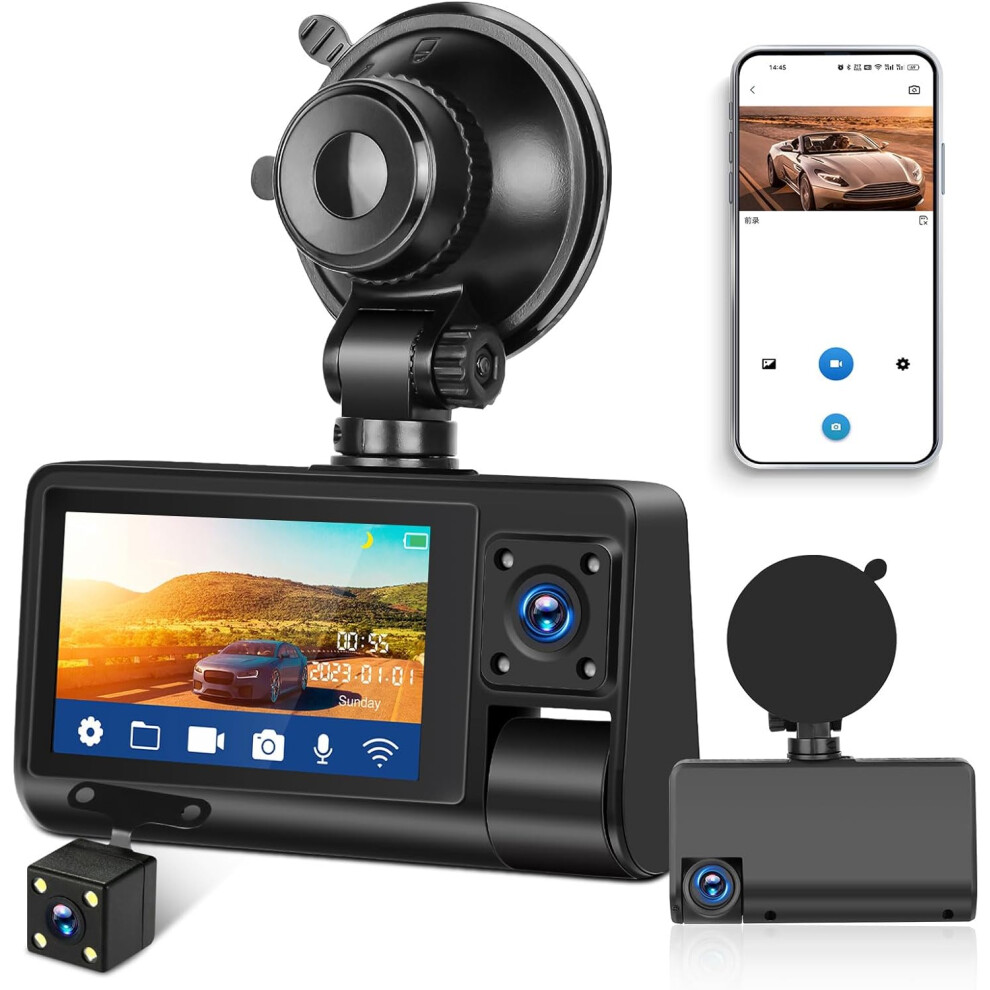 3 Channel Dash Cam Front and Rear Inside,Full HD 1080P Dash Cam for Cars with Super Night Vision Loop Recording G-Sensor APP Control 150Wide Angle 3.