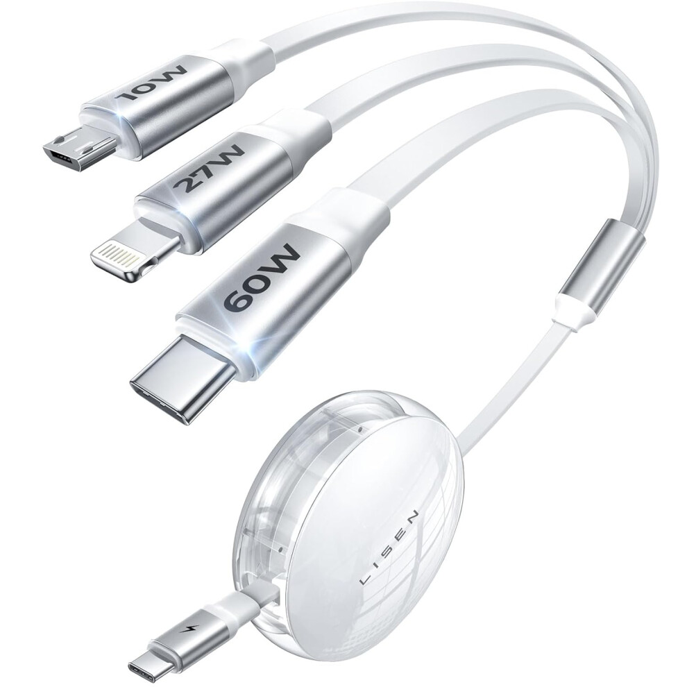 60W/3.5A Multi Charging Cable, Retractable Iphone Charger Cord Compact For Travel, Retractable Charging Cable With Usb C/Lightning/Micro Usb Ports For 7386060610315