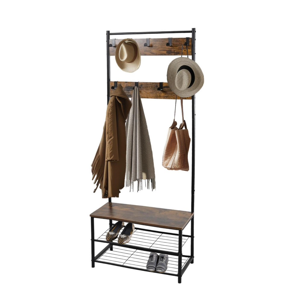 (Rustic Brown) Coat Rack Stand Shoe Storage Bench 9 Hooks Rustic