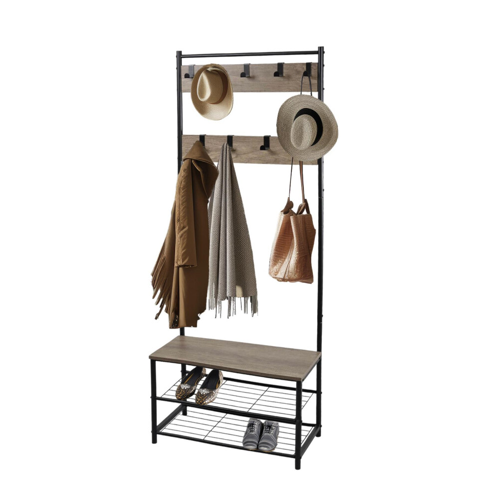 (Rustic Light Brown) Coat Rack Stand Shoe Storage Bench 9 Hooks Rustic