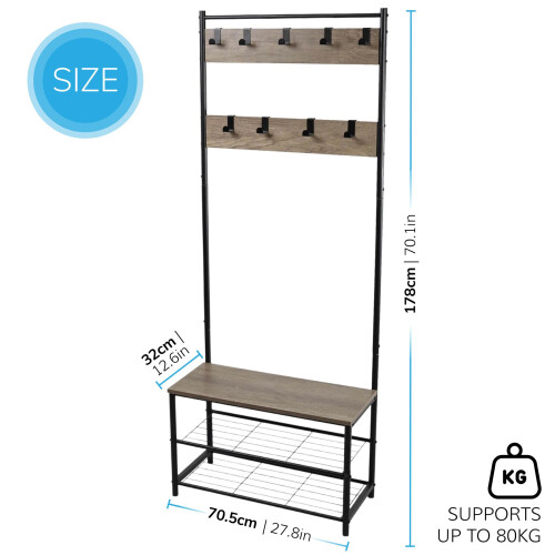 House of Home (Rustic Light Brown) Coat Rack Stand Shoe Storage Bench 9 Hooks Rustic 2