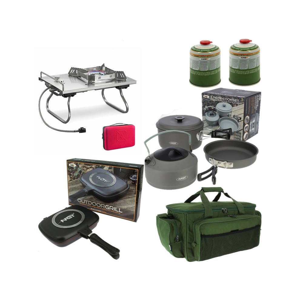 CARP FISHING STOVE + OUTDOOR GRILL + 3PC SET + CARRYALL + 2 GAS