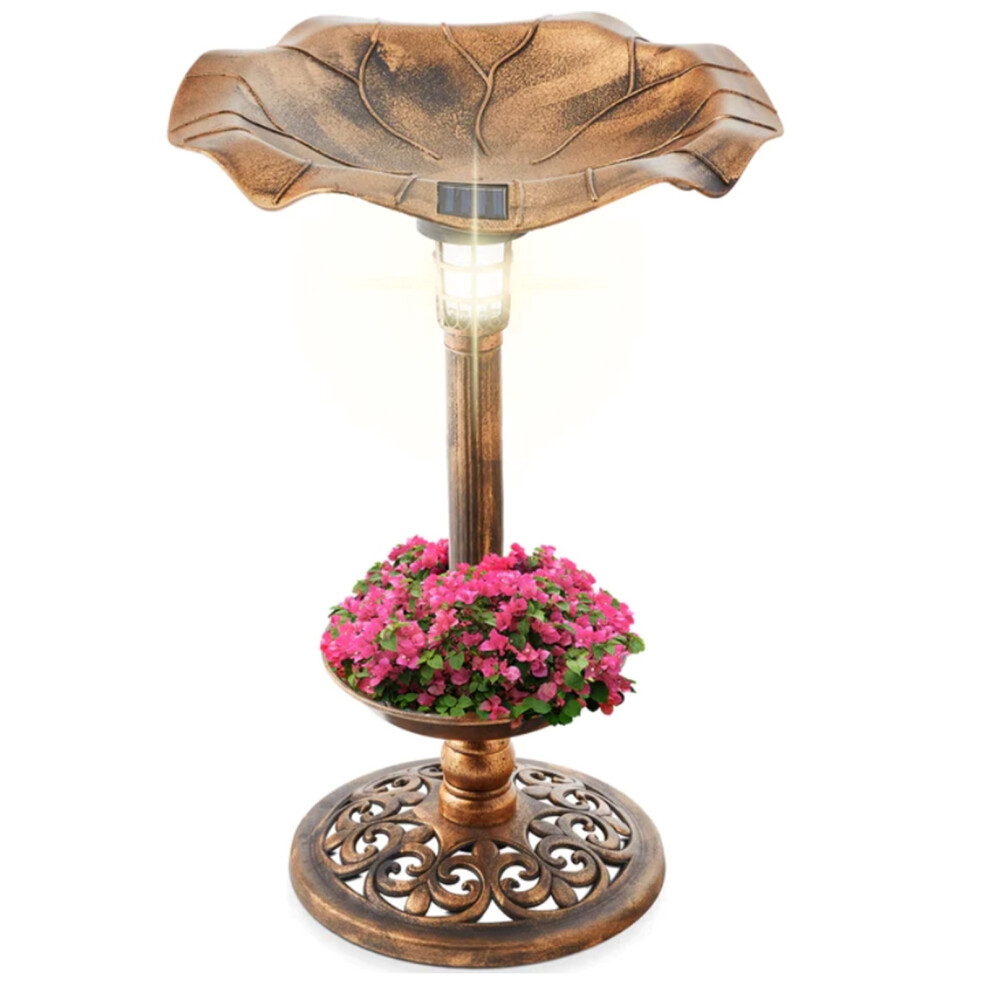 Bronze Effect Plastic Pedestal Bird Bath Garden Feeder Planter With Solar Light