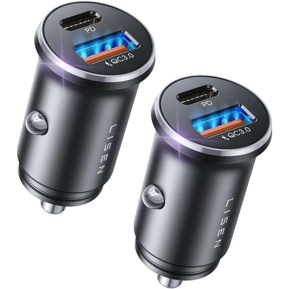 48W USB C Car Charger Adapter [2 Pack] [Mini & Metal] Cigarette Lighter USB Charger Fast Charging [PD QC 3.0] USBC Car Phone Charger for iPhone 15 Pro