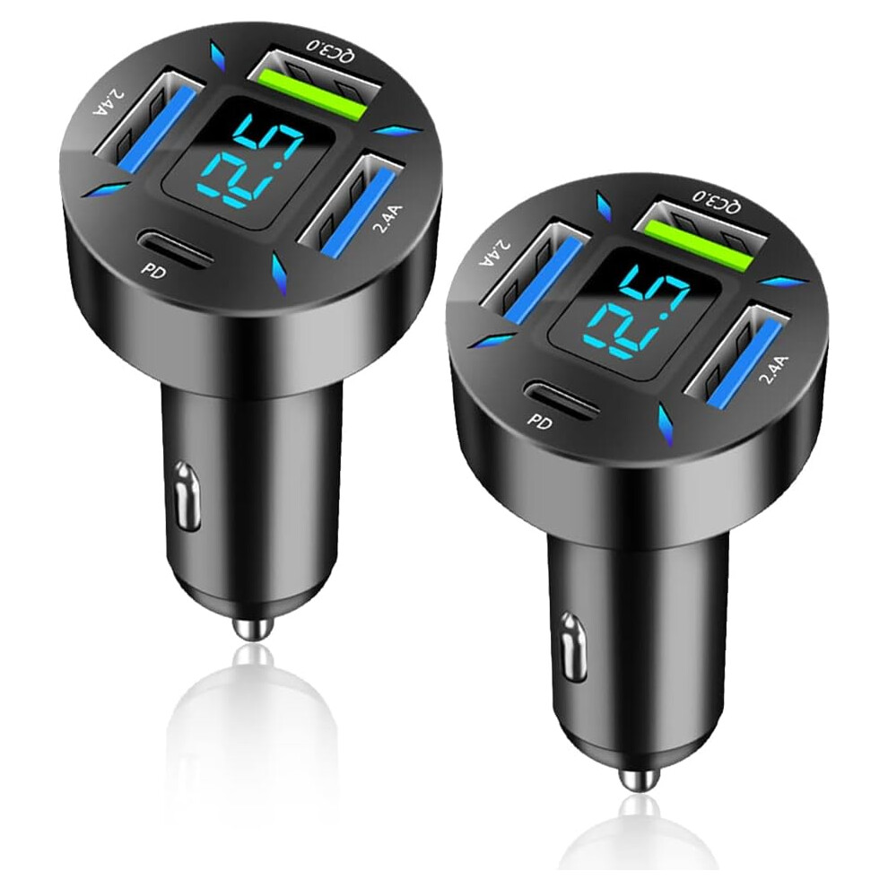 2Pcs Car Charger 66W Super Fast Charging With Usb C&Qc 3.0(Voltmeter&Led Lights) Universal Quick Charge For 12-24V Car Cigarette Lighter Plug,Compatib 6223682514847