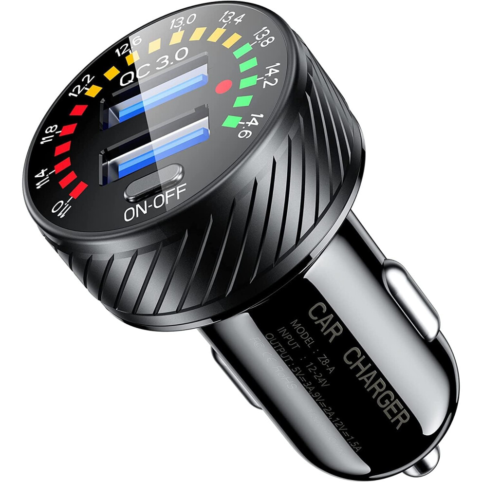 Car Charger, 36W Fast Car Charger Adapter, Dual Usb Car Charger Fast Charge With Colorful Voltmeter & On/Off Switch 6223682515066