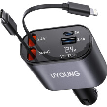 Retractable Car Charger 100W, 4 in 1 Fast Car Phone Charger, 2 Retractable Cables 31.5 Inch and 2 USB Ports, Compatible with iPhone 15/14/13/12/11 Pro