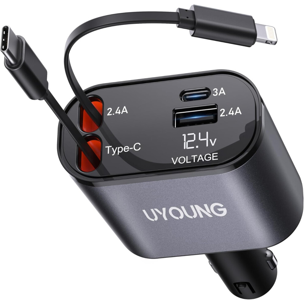 Retractable Car Charger 100W, 4 in 1 Fast Car Phone Charger, 2 Retractable Cables 31.5 Inch and 2 USB Ports, Compatible with iPhone 15/14/13/12/11 Pro