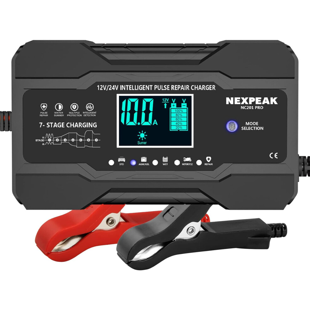 10-Amp Car Battery Charger, 12V And 24V Smart Fully Automatic Maintainer Trickle Charger W/Temperature Compensation For Truck Motorcycle Lawn Mower Bo 6223682516056