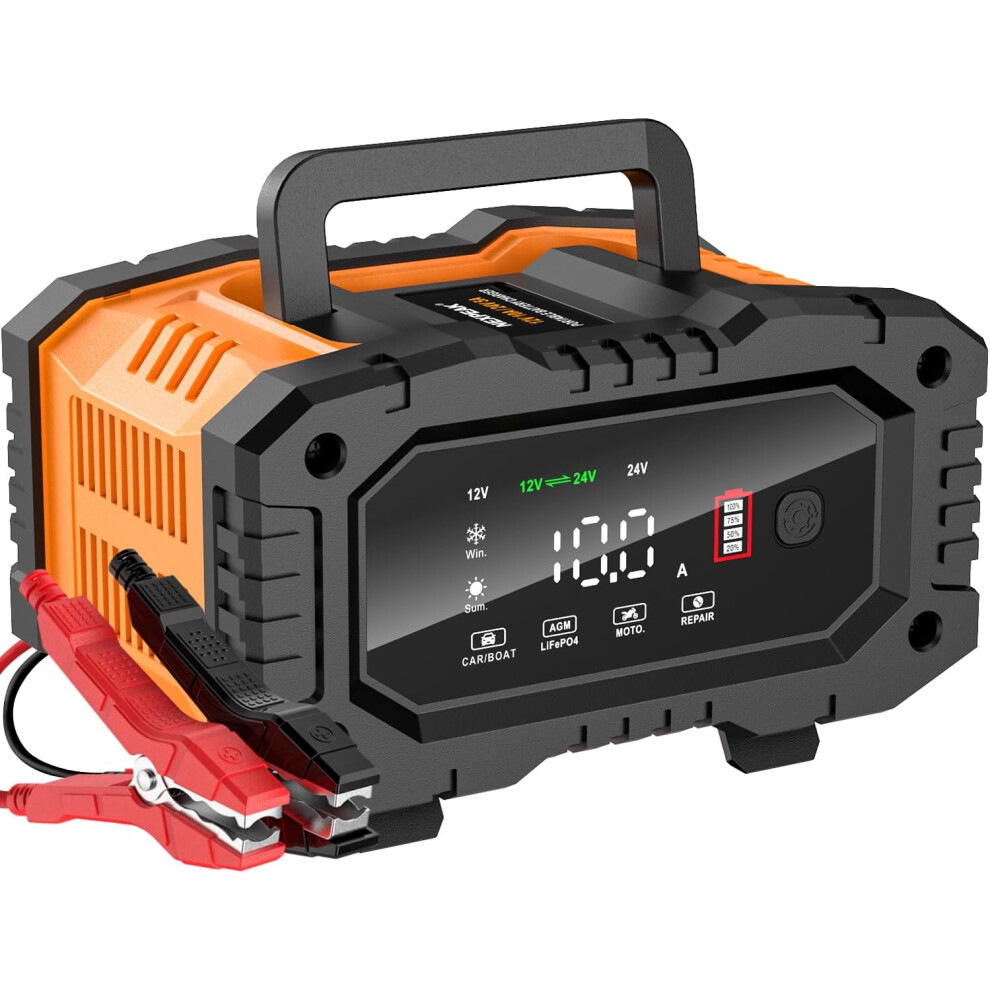 Nc202 10-Amp Battery Charger, 12V 24V Lifepo4 Lead Acid Portable Car Battery Charger 8-Stage Trickle Charger Smart Battery Maintainer W/Temp Compensat 6223682516193