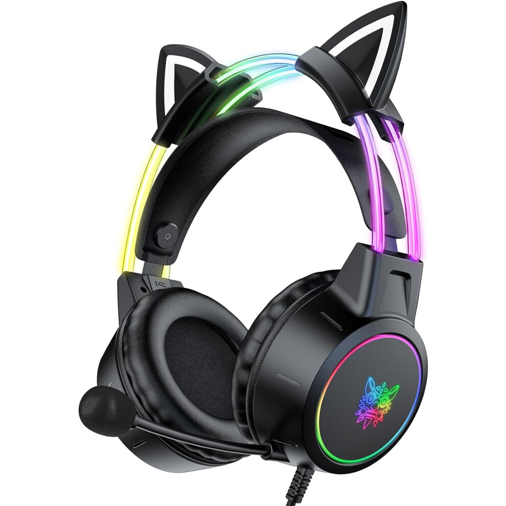 Lightweight Gaming Headsets with Removable Cat Ears,Gradient RGB Light, Wired Over- Ear Headphones for PC/PS4/PS5/XBOX/Switch, Virtual Surround Sound