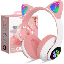 Bluetooth Headphones for Kids, Cute Ear Cat Ear LED Light Up Foldable Headphones Stereo Over Ear with Microphone/TF Card Wireless Headphone for iPhone