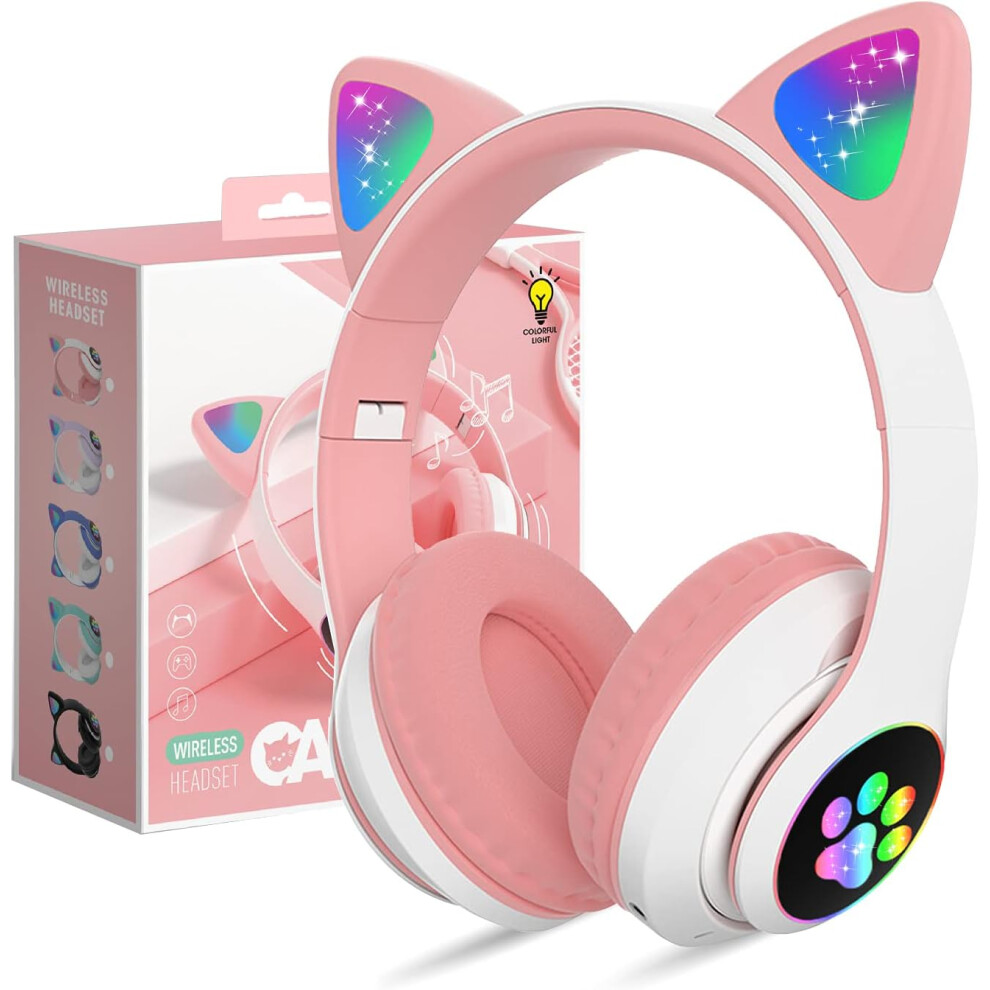 Bluetooth Headphones for Kids, Cute Ear Cat Ear LED Light Up Foldable Headphones Stereo Over Ear with Microphone/TF Card Wireless Headphone for iPhone