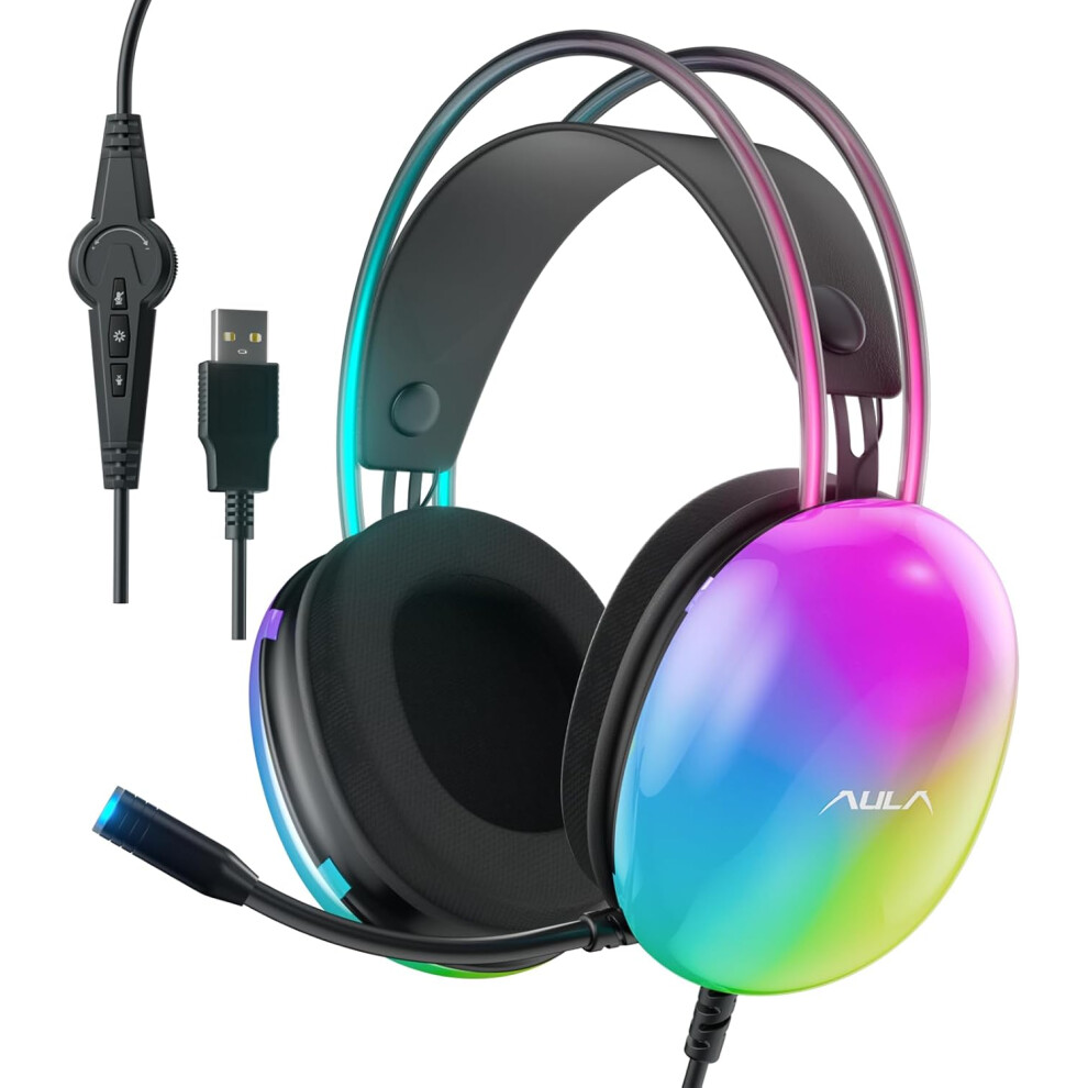 USB Gaming Headset with Mic for PC, RGB Rainbow Backlit, Virtual 7.1 Surround Sound, 50mm Driver, Soft Memory Earmuffs, Wired Laptop Desktop Computer-image-OPC-PF86PJT-NEW