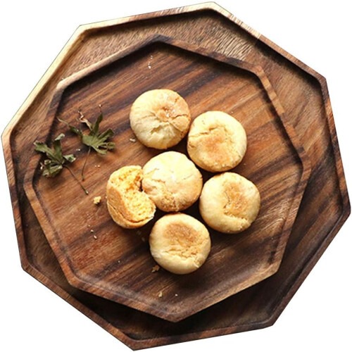 Set of 2 Acacia Wooden Trays Serving Platters Octagon Square Serving Tray Bread Charcuterie Board for Fruit Salad Cheese Platter Vegetable Food Dish C