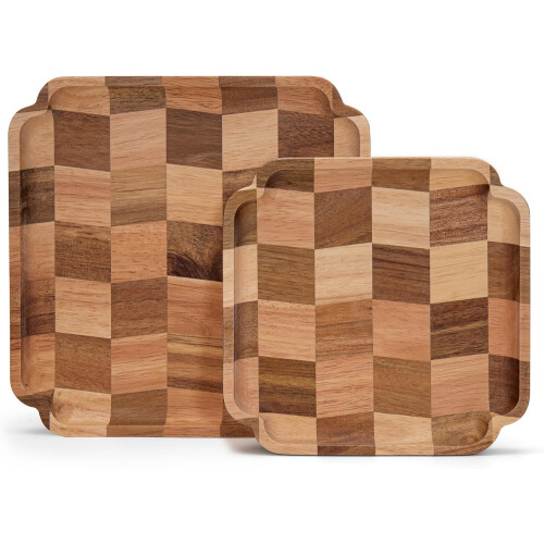 Wood Serving Trays - Set of 2 Square Serving Platters, Wooden Decorative Board Charcuterie Boards for Serving Breakfast Dinner Appetizers Coffee BBQ P