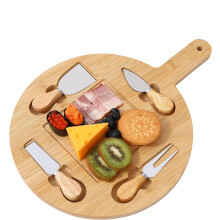 Cheese Board and Knife Set, Round Charcuterie Board with Handle, 4 Knives Hangable Cheese Cutting Platter, Bamboo Serving Tray for Family Daily Use, P