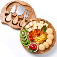 Round Cheese Board and Knife Set, Acacia Charcuterie Board Set and Cheese Serving Platter with Slide-Out Drawer, 7.8 inch Cheese Cutting Board for Ent