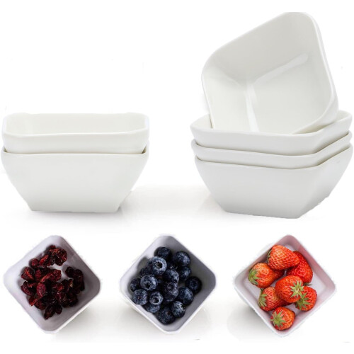 Square 3oz Set of 6PCS White Ceramic Dip Mini Bowls Sauce Plate, Condiment Container for Ketchup, Soy Sauce, Fruit Small Bowl Plate and Party Dinner
