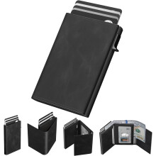 Mens Wallet Card Holder: Pop Up Aluminum Case, Premium Genuine Leather, Smart, RFID Blocking, Slim, Minimalist, Front Pocket - 9-14 Card Capacity | ID