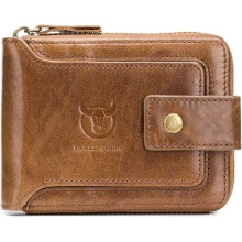 Genuine Leather Wallet for Men Large Capacity ID Window Card Case with Zip Coin Pocket QB-231 (Brown)