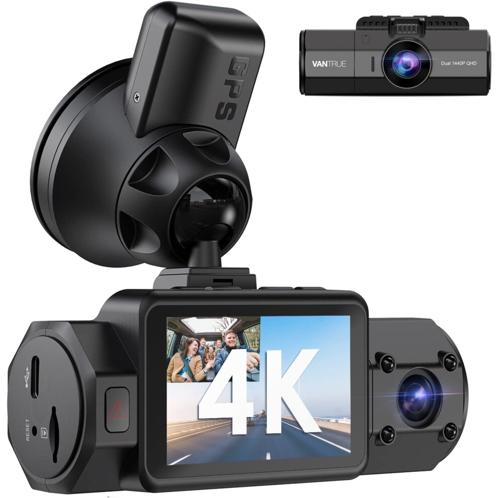 N2S 4K Dash Cam with GPS, Front and Inside Dual 2.5K 1440P, IR Night Vision Uber Car Camera, 24/7 Recording Parking Mode, Motion Detection, 256GB Supp