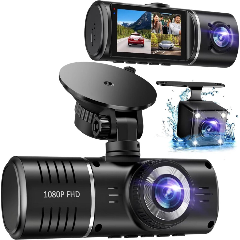 Dash Cam, 3 Channel Dash Cam, 1080P Dash Cam Front And Inside, Triple Dash Cam, Dash Camera With 32Gb Card, Hdr, G-Sensor, 24Hr Parking, Loop Recordin 6223682522194