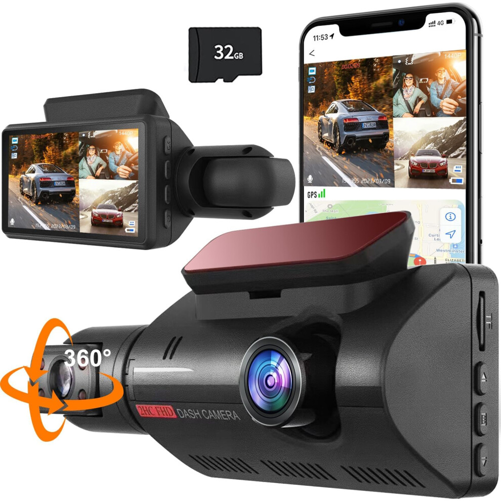 360 Dash Cam, 2 Channel Dash Camera for Cars,1440P Dash Cam Front and Inside,3 Screen,170Wide Angle, WDR,24H Parking, Free 32GB SD Card