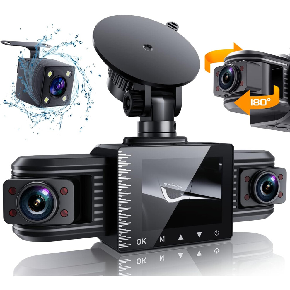 T1-pro Dash Cam Front and Rear Inside 3 Channel 1080P, Adjustable Lens Dash Camera for Cars with 8 IR Lamps Night Vision, Three Ways Triple Car Camera