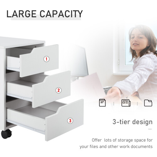 Homcom MDF Mobile File Cabinet w/ 3 Drawers Locking Wheels Metal Rails White 2