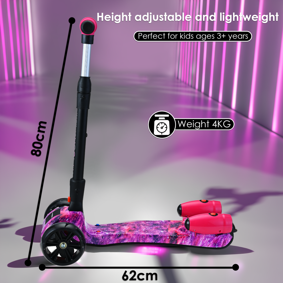 galaxy-pink--3-wheel-kids-scooter-height-adjustable-bluetooth---water-spray-light-up-flashing-wheels